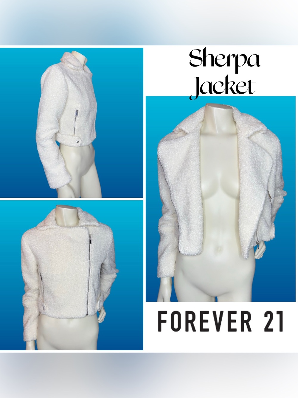 Forever 21 White Cropped Teddy Sherpa Moto Jacket Size Small